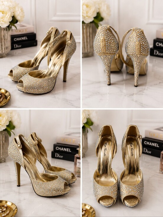 eye candy Shoes - Gold Crystal Peep-Toe High Heels with Ankle Strap Bridal Prom